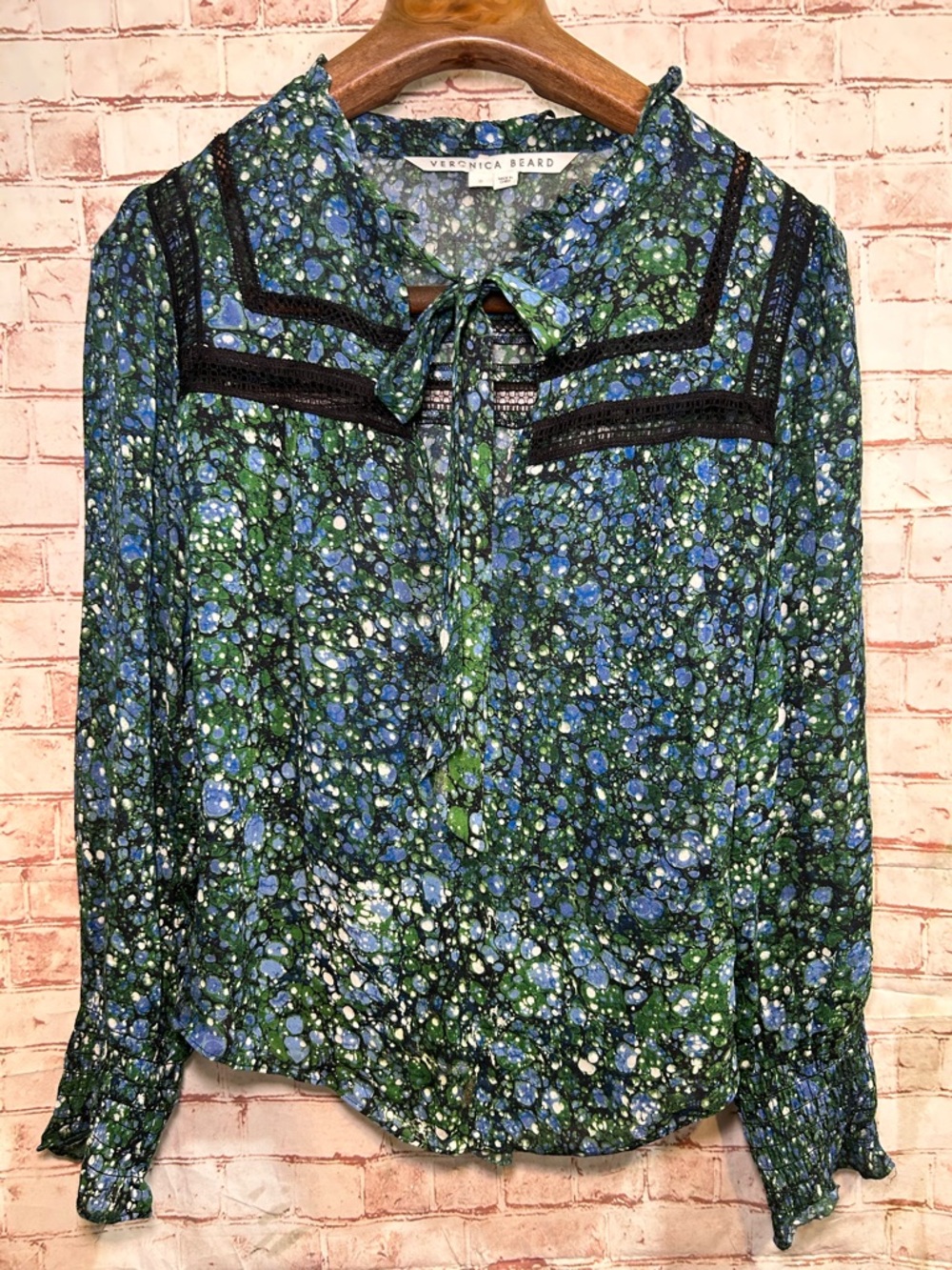Veronica Beard Candita Marble Print Tie Neck Blouse Green Blue Size‎ 0 Work Wear - Picture 4 of 9